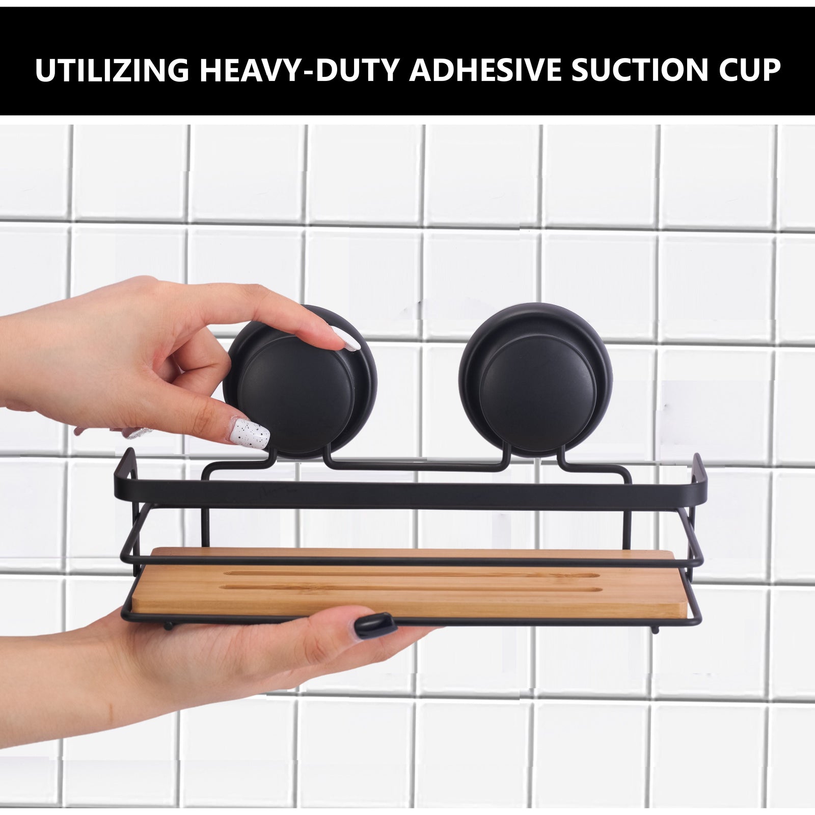 2 Pack Rectangular Bamboo Corner Shower Caddy Shelf Basket Rack with Premium Vacuum Suction Cup No-Drilling for Bathroom and Kitchen