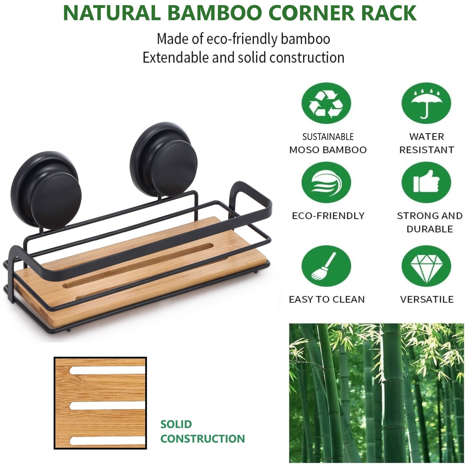2 Pack Rectangular Bamboo Corner Shower Caddy Shelf Basket Rack with Premium Vacuum Suction Cup No-Drilling for Bathroom and Kitchen