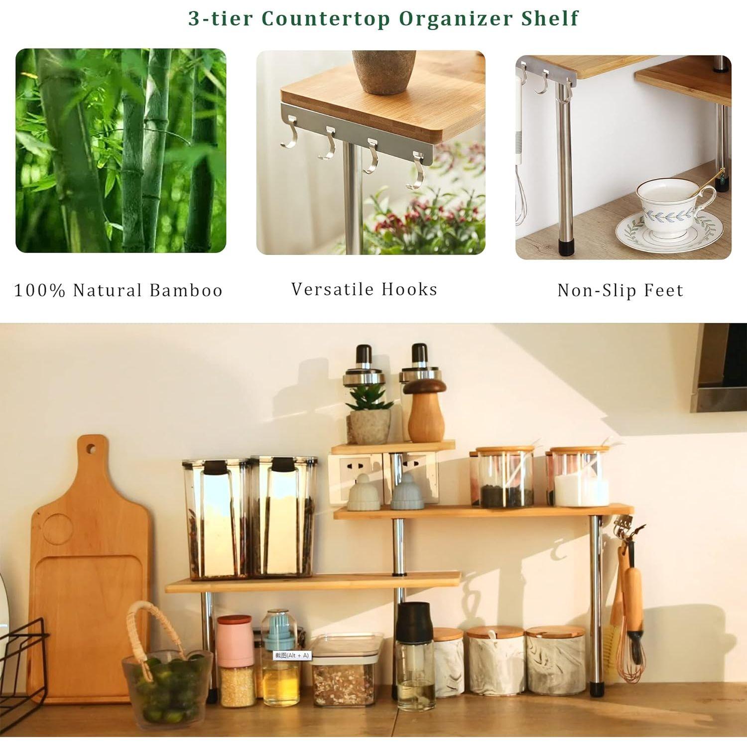 CARLA HOME 3 Tier Corner Shelf Kitchen Spice Rack Organiser with Hooks for Home Storage & Organisation