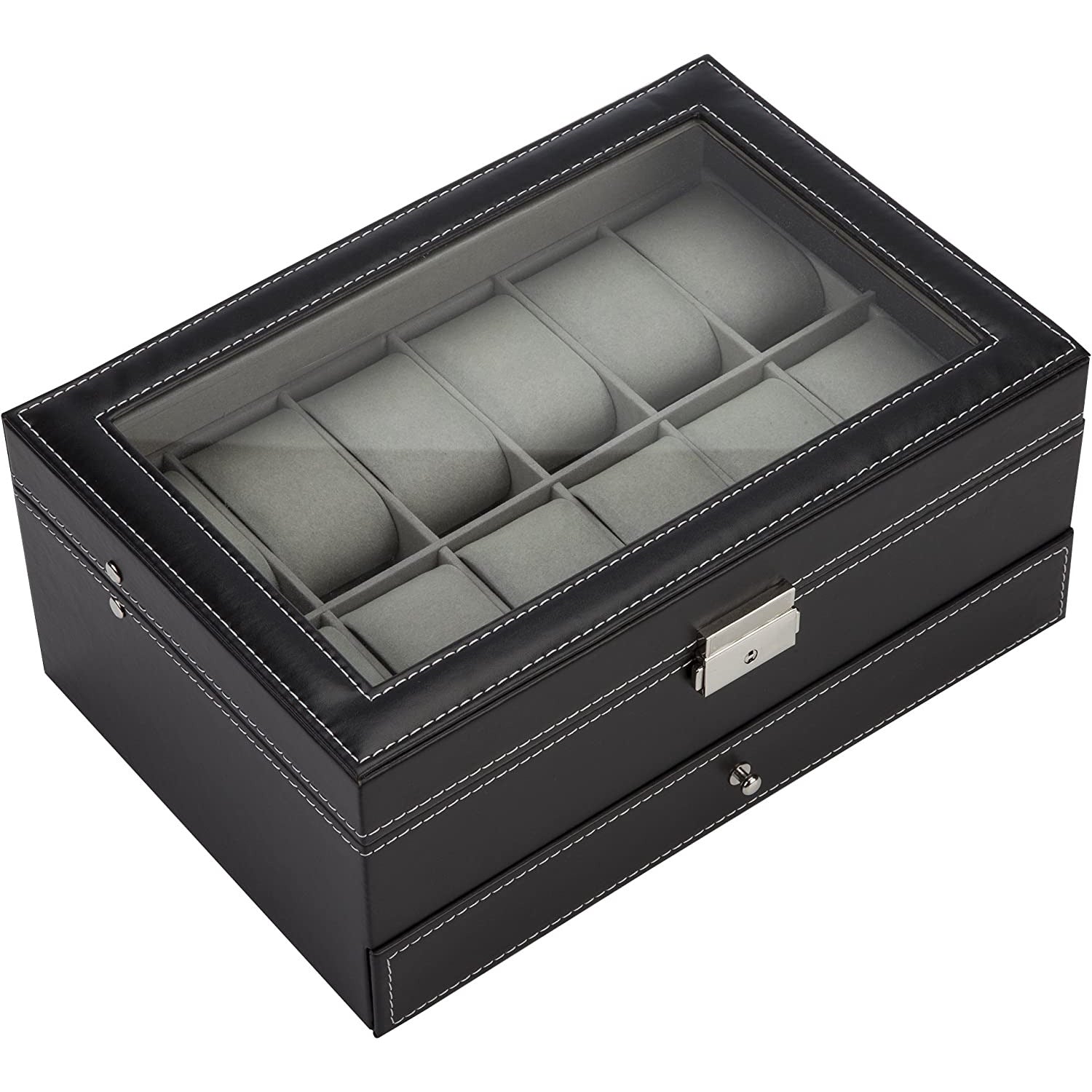 Black Leather Watch Box Jewelry Display Case with Drawers (12 Slots with 2 Layers)