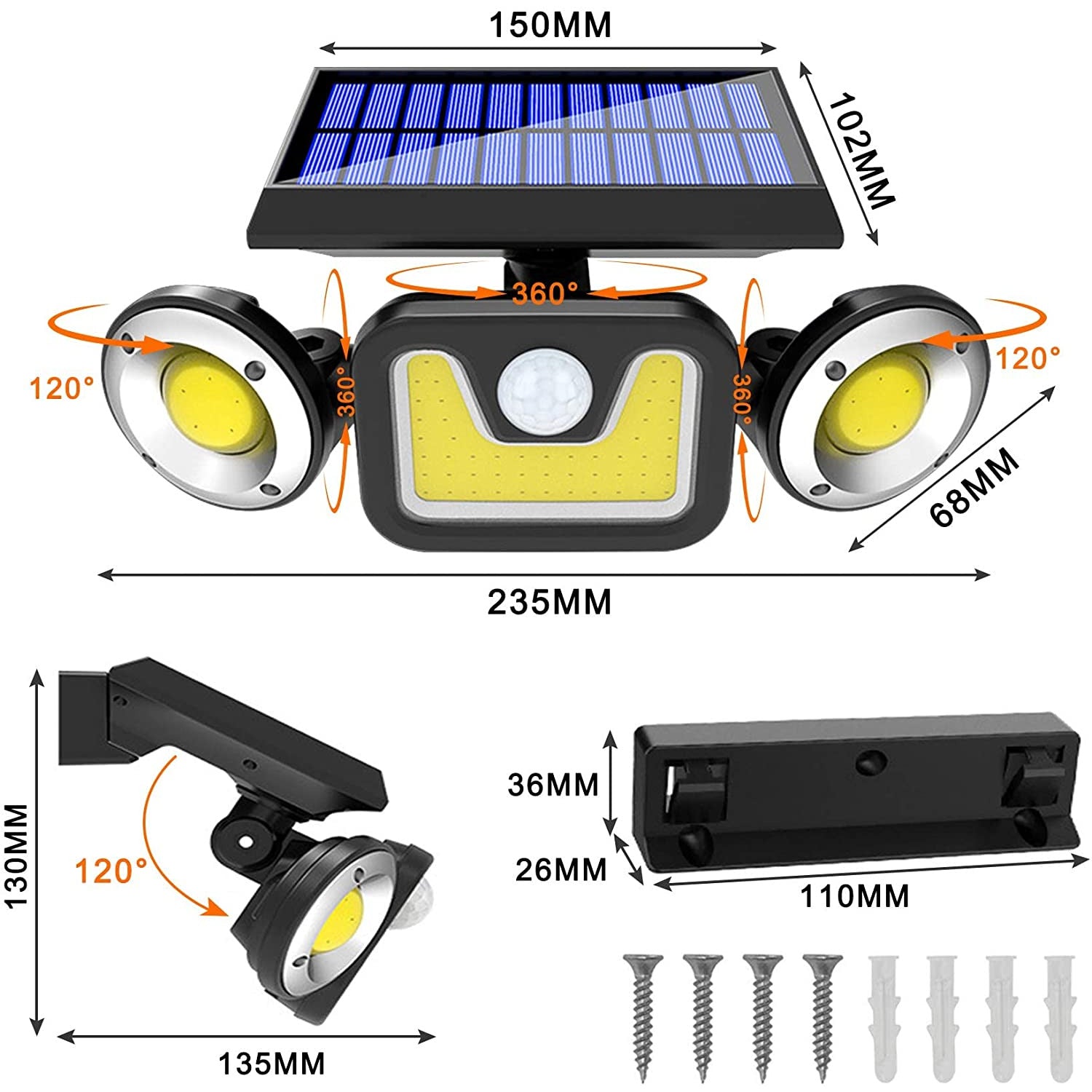Outdoor Solar Lights with 3 Adjustable Head for Porch Garden Patio