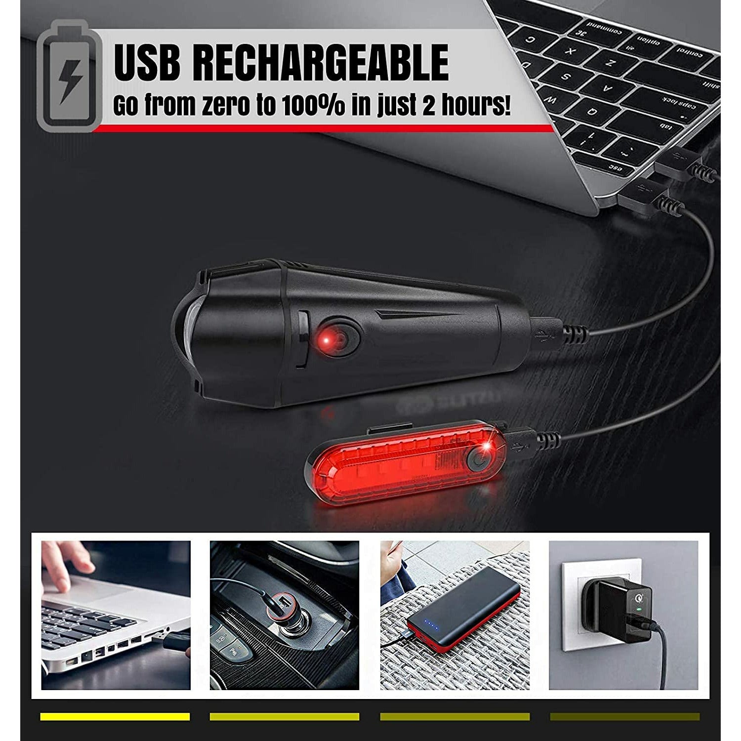 Waterproof Rechargeable LED Bike Lights Set (2000mah Lithium Battery, IPX4, 2 USB Cables)