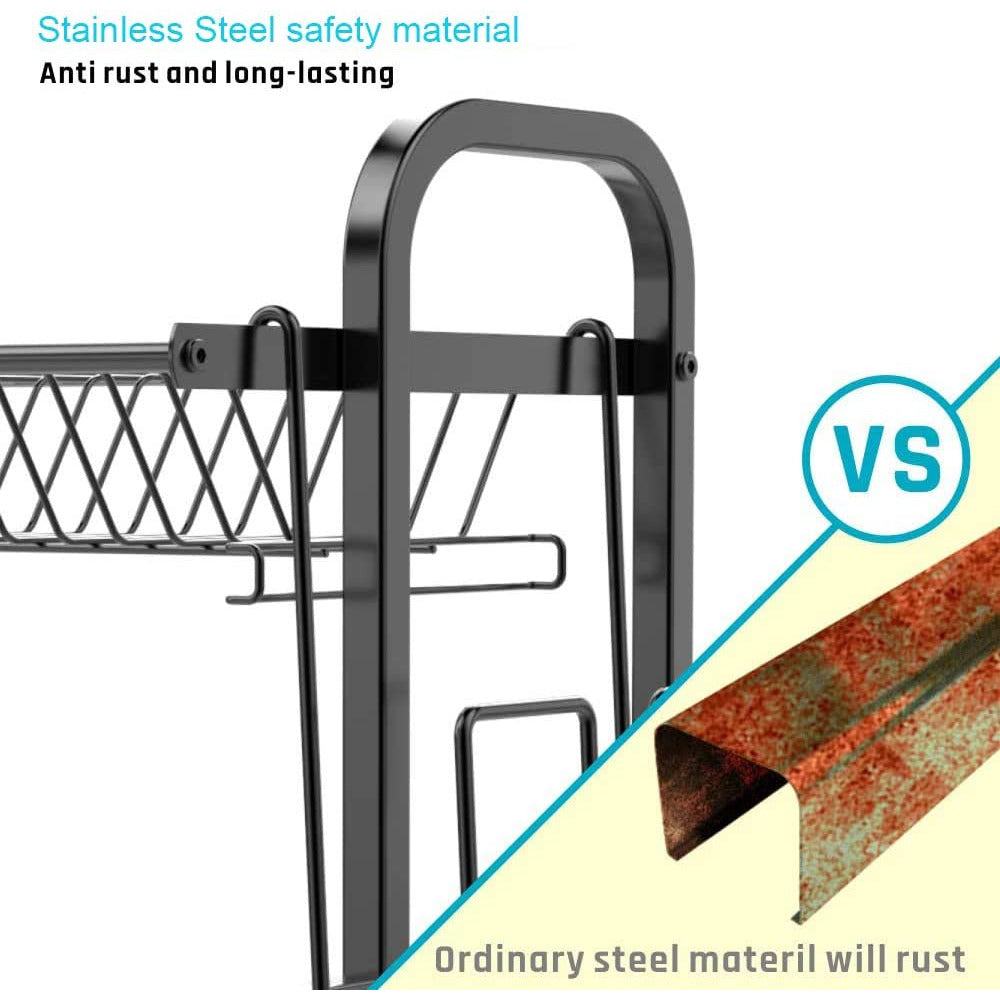 Stainless Steel 2-Tier Dish Drying Rack with Utensil Holder, Cutting Board Holder and Dish Drainer for Kitchen Counter (Black)