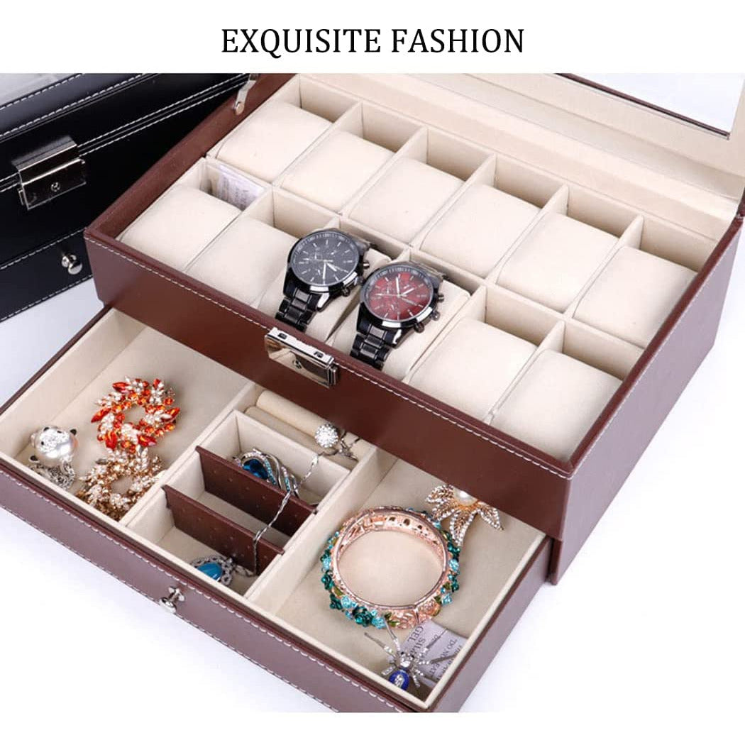 12 Slot PU Leather Lockable Watch and Jewelry Storage Boxes (Brown)