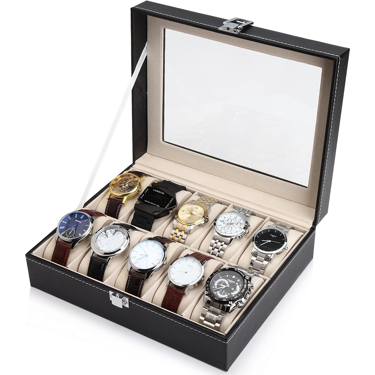 Black PU Leather Watch Organizer Display Storage Box Cases for Men & Women (10 slots)