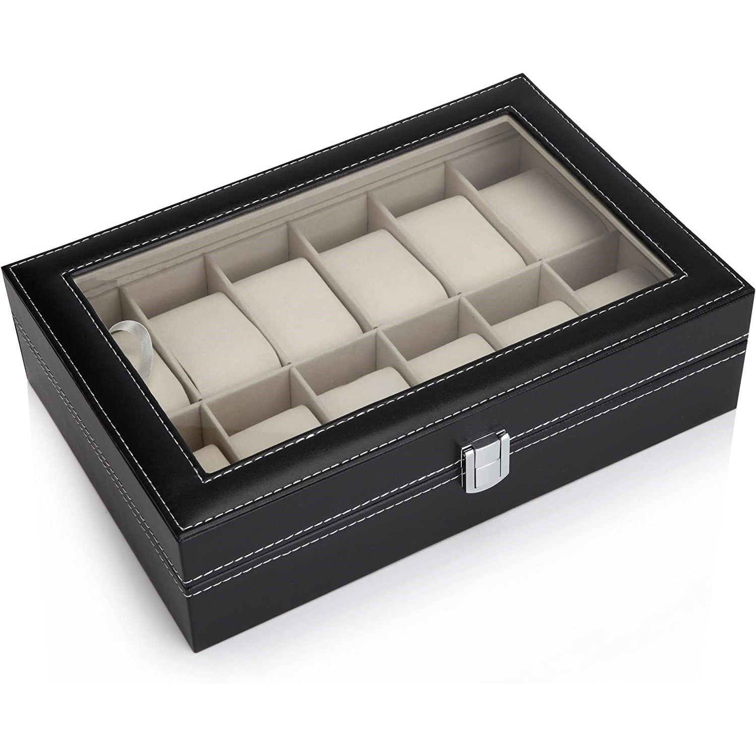 Black PU Leather Watch Organizer Display Storage Box Cases for Men & Women (12 slots)