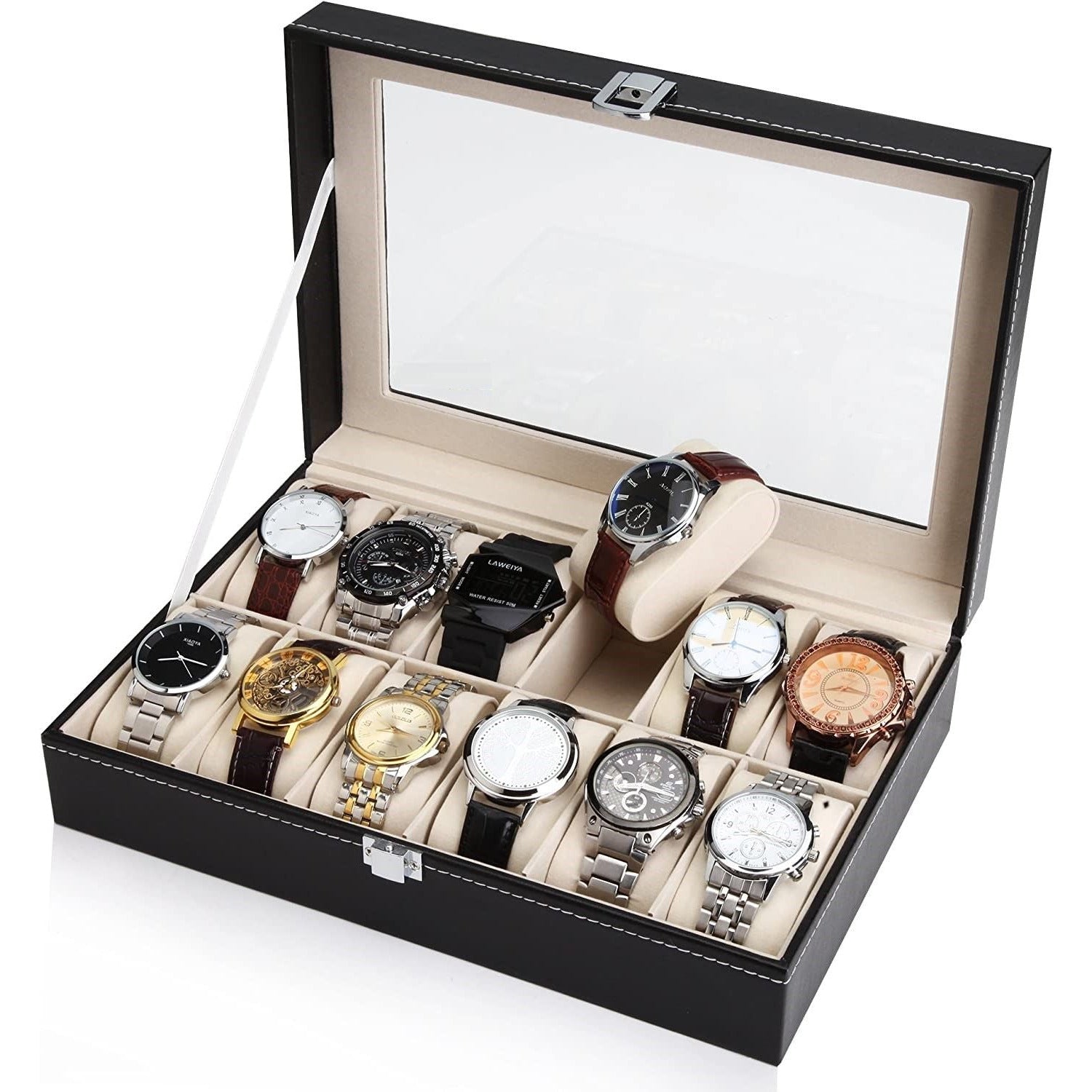 Black PU Leather Watch Organizer Display Storage Box Cases for Men & Women (12 slots)
