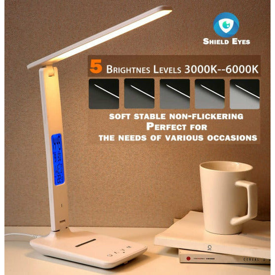 LED Desk Lamp with Fast Wireless Charger Clock Alarm Date Temperature