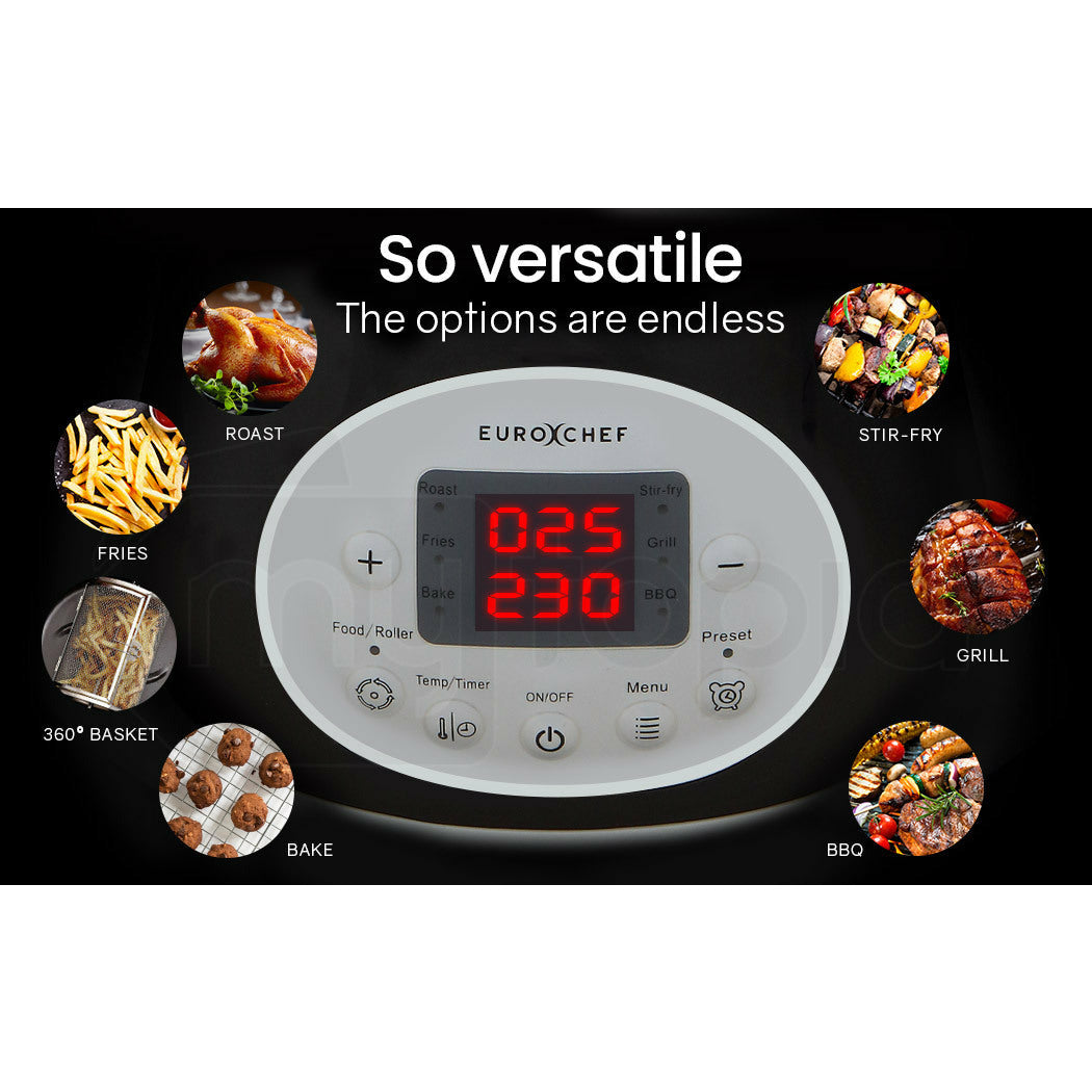 EUROCHEF 10L Electric Digital Air Fryer with Rotisserie, Rotating Fry Basket, Rack and Tongs, White