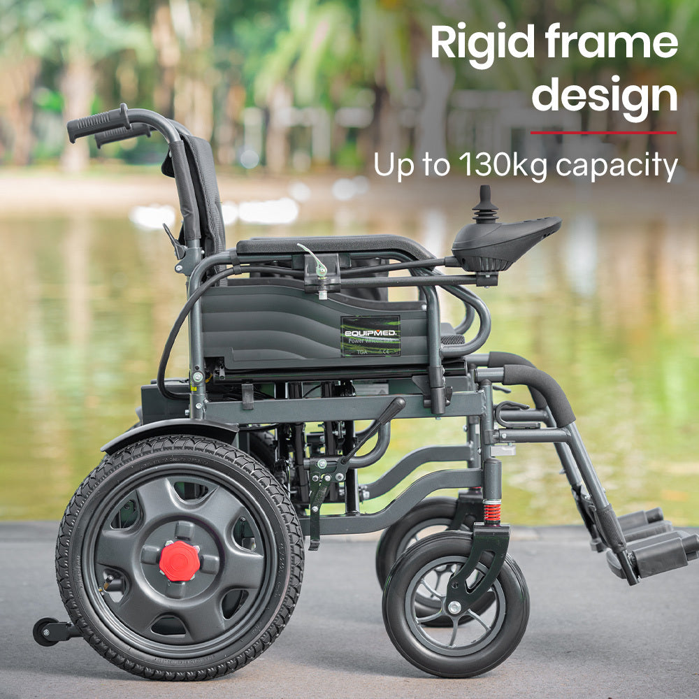 EQUIPMED Power Electric Wheelchair, Folding, 20km Max Frame, Wider Seat, Lithium Battery, Black
