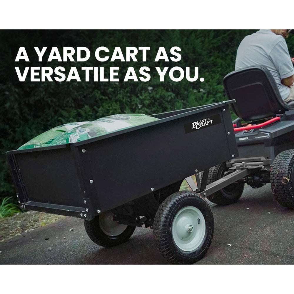 PLANTCRAFT 270kg Capacity Metal Dump Cart Garden Lawn Yard Farm Trolley, Tow Behind Ride on Mower