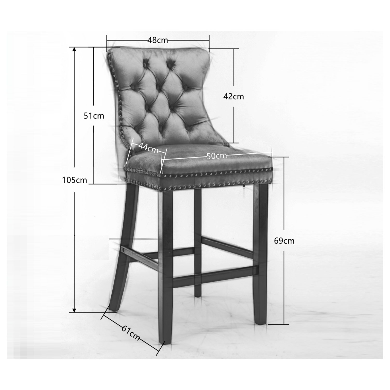 6X Velvet Bar Stools with Studs Trim Wooden Legs Tufted Dining Chairs Kitchen