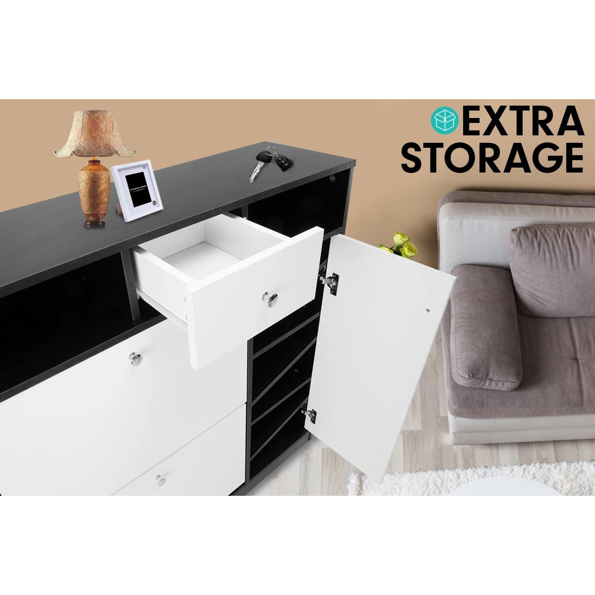 Sarantino Shoe Rack Cabinet Wooden Storage Organiser Shelf Cupboard Drawer