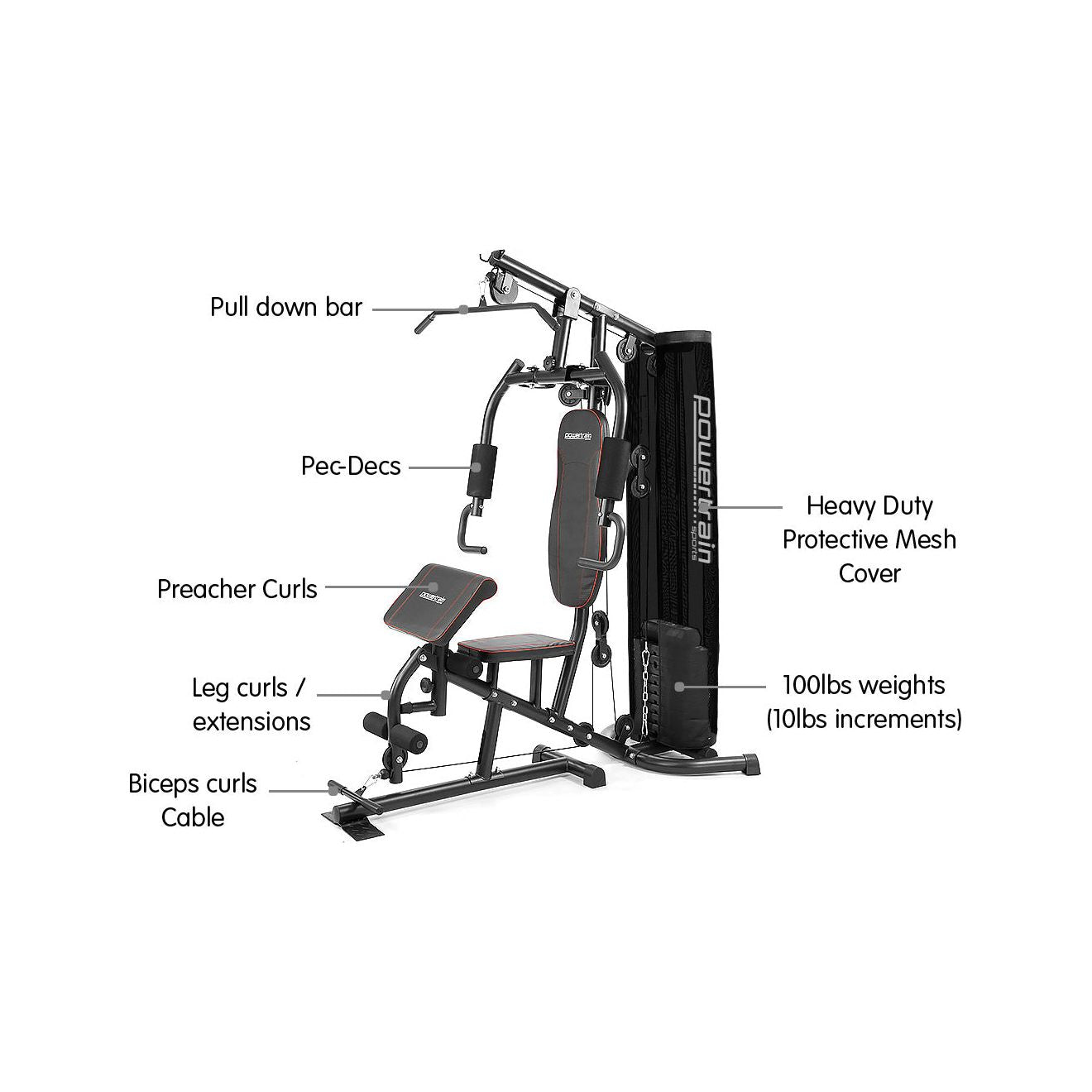 Powertrain Multi Station Home Gym With 68kg Weights Preacher Curl Pad