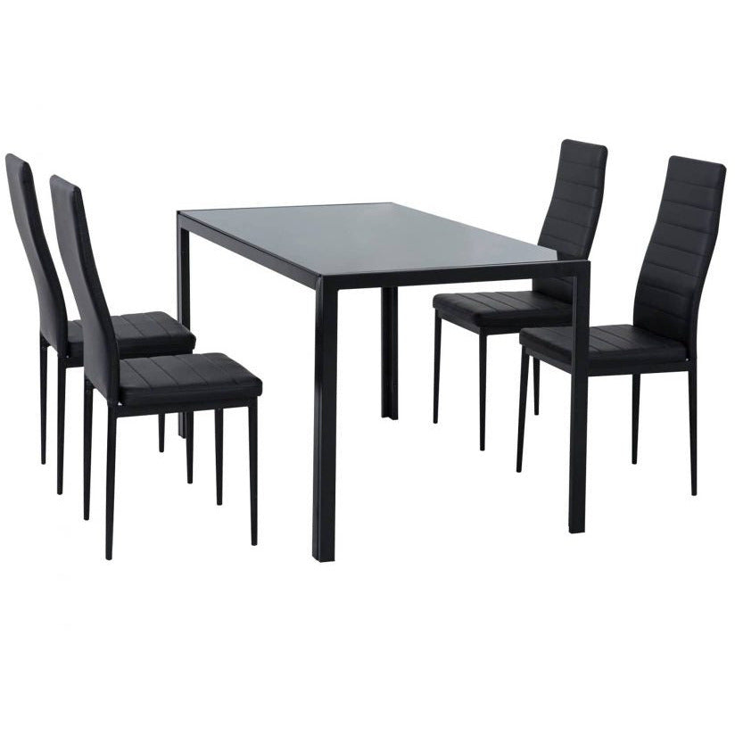 5PC Indoor Dining Table and Chairs Dinner Set Glass Leather Kitchen-Black