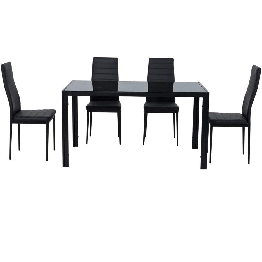 5PC Indoor Dining Table and Chairs Dinner Set Glass Leather Kitchen-Black