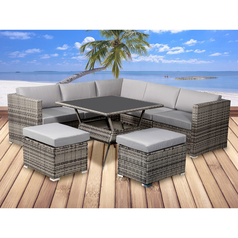 8PC Outdoor Dining Set Wicker Table & Chairs-Grey