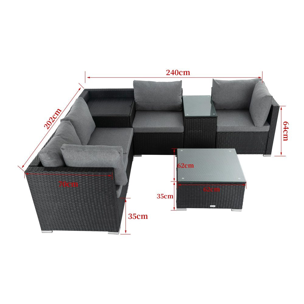 7PC Outdoor Wicker Loveseat Setting with Storage Corner (Black)