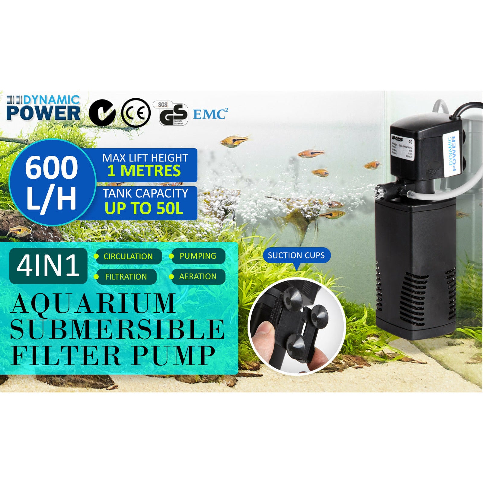 Dynamic Power Aquarium Submersible Filter 600L/H 8W 1m Pond Pump
