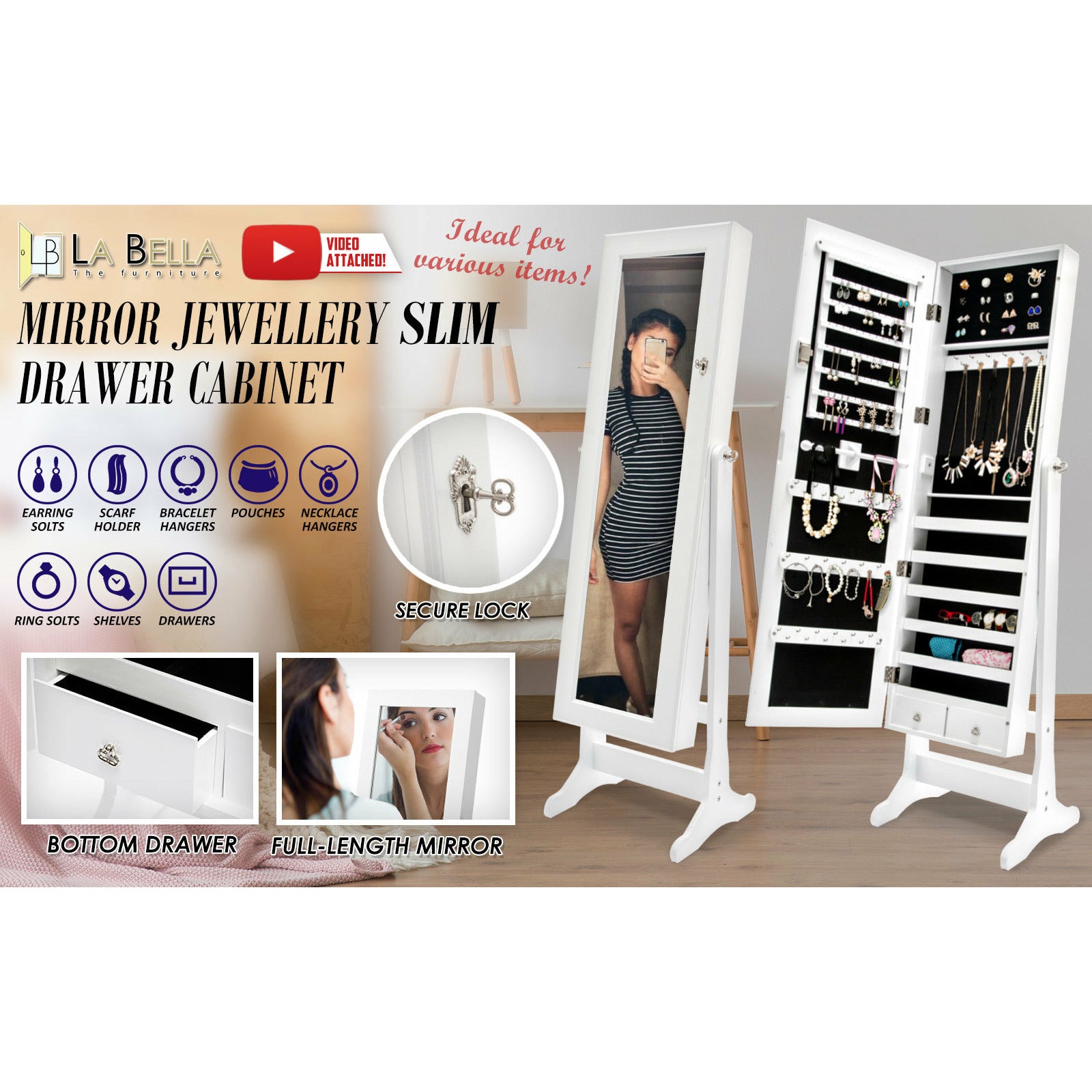 La Bella White Mirror Jewellery Cabinet LOWE 146cm Organiser 2 Drawers