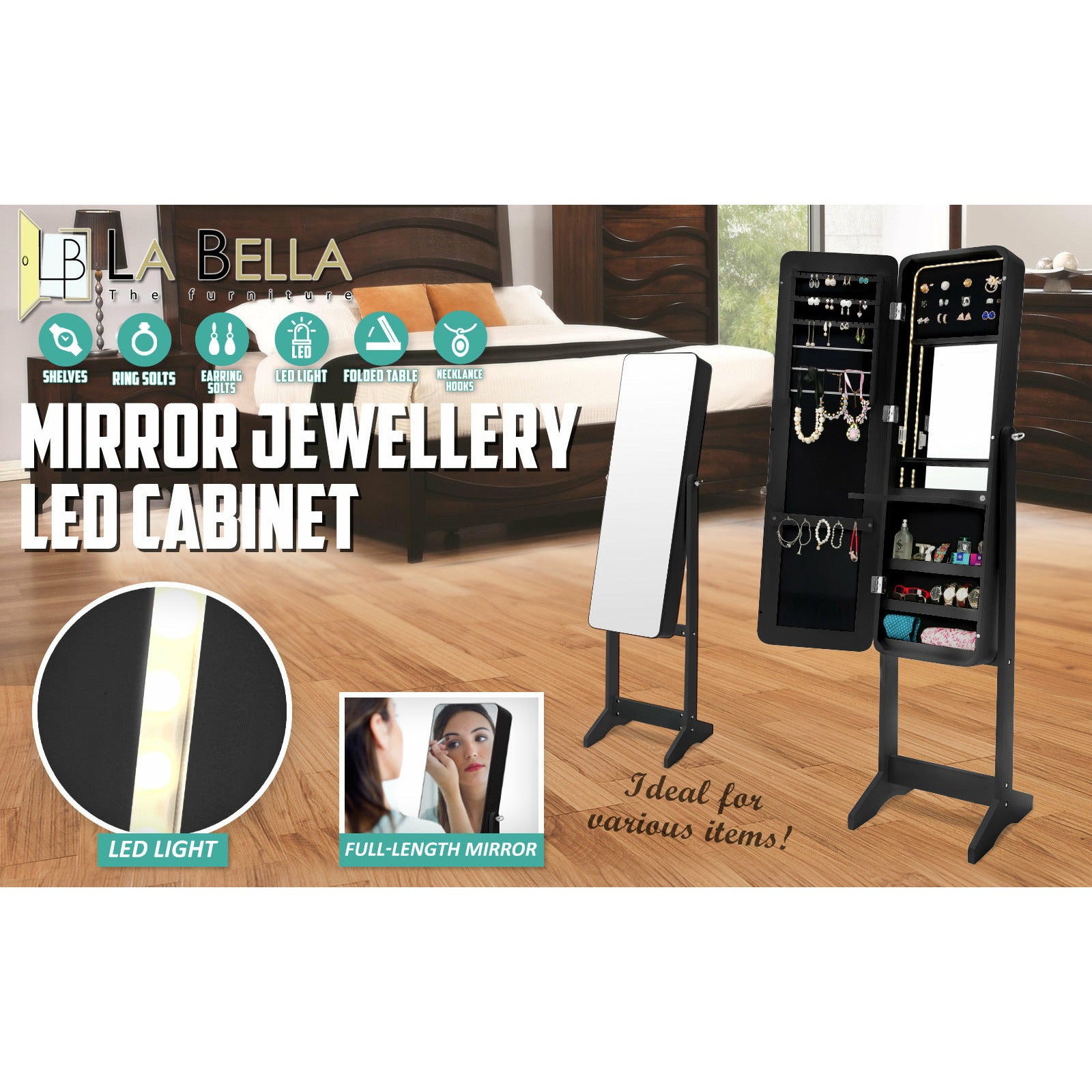 La Bella Black Mirror Jewellery Cabinet FLASHY 146cm Organiser LED