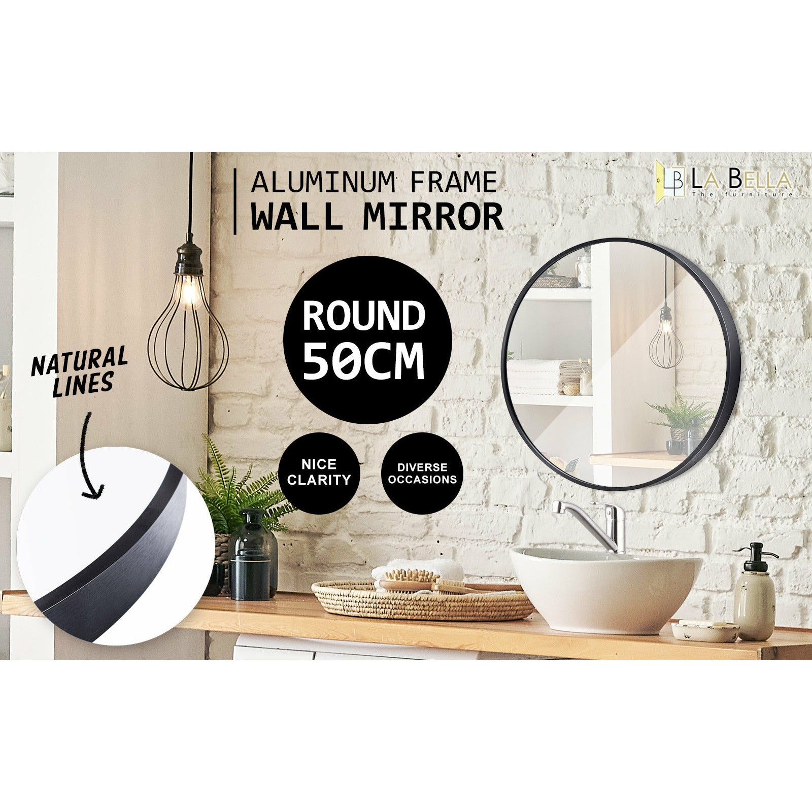 La Bella Black Wall Mirror Round Aluminum Frame Makeup Decor Bathroom Vanity 50cm