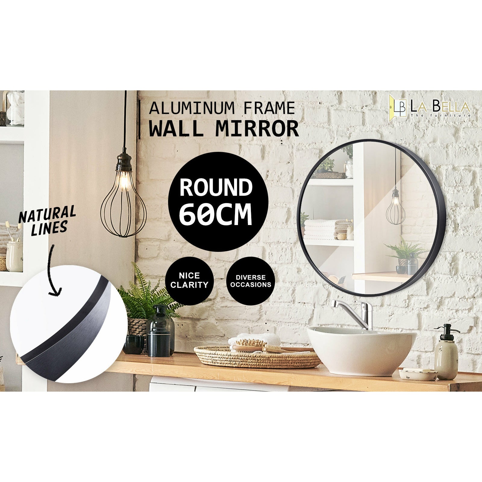La Bella Black Wall Mirror Round Aluminum Frame Makeup Decor Bathroom Vanity 60cm