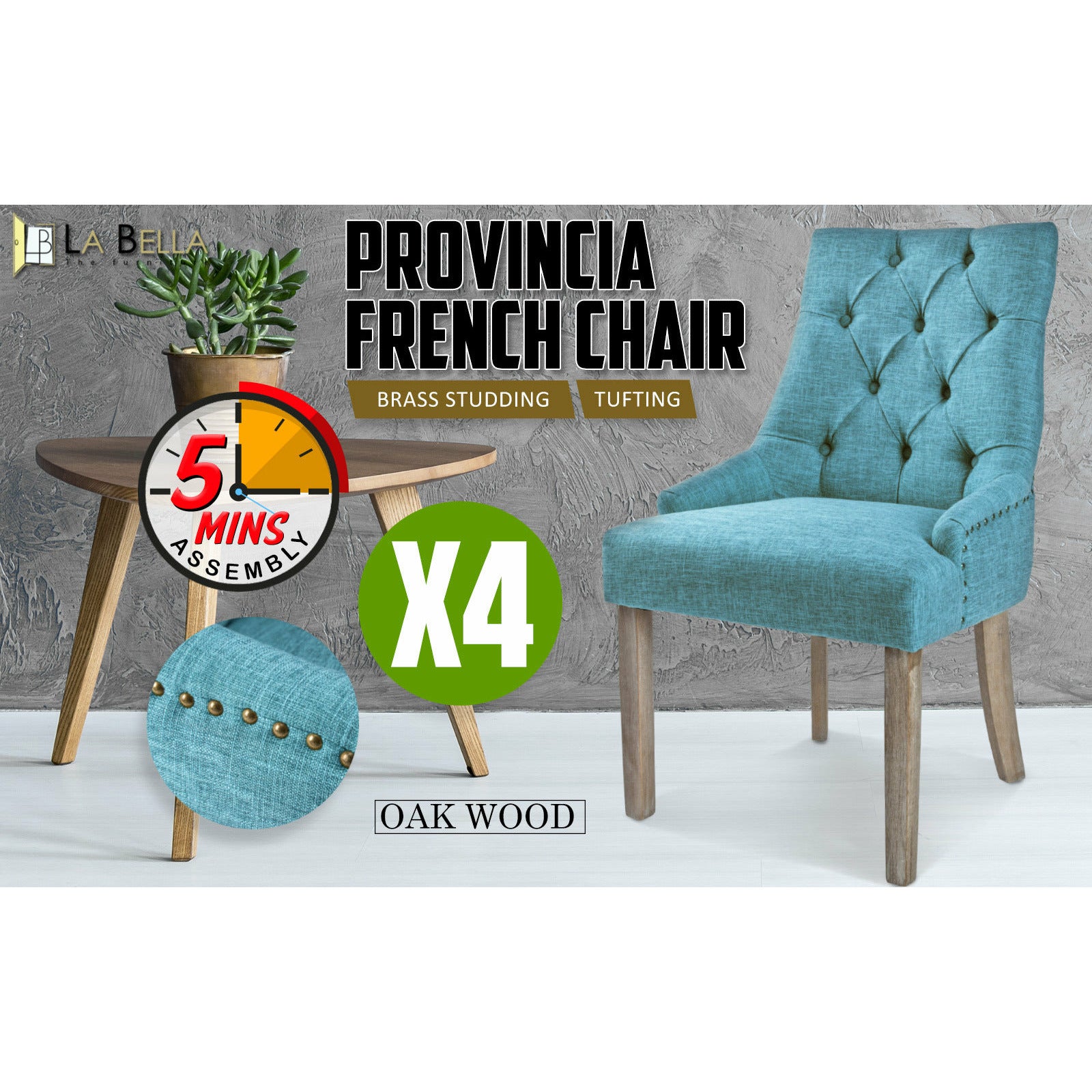 La Bella 4 Set Blue French Provincial Dining Chair Amour Oak Leg