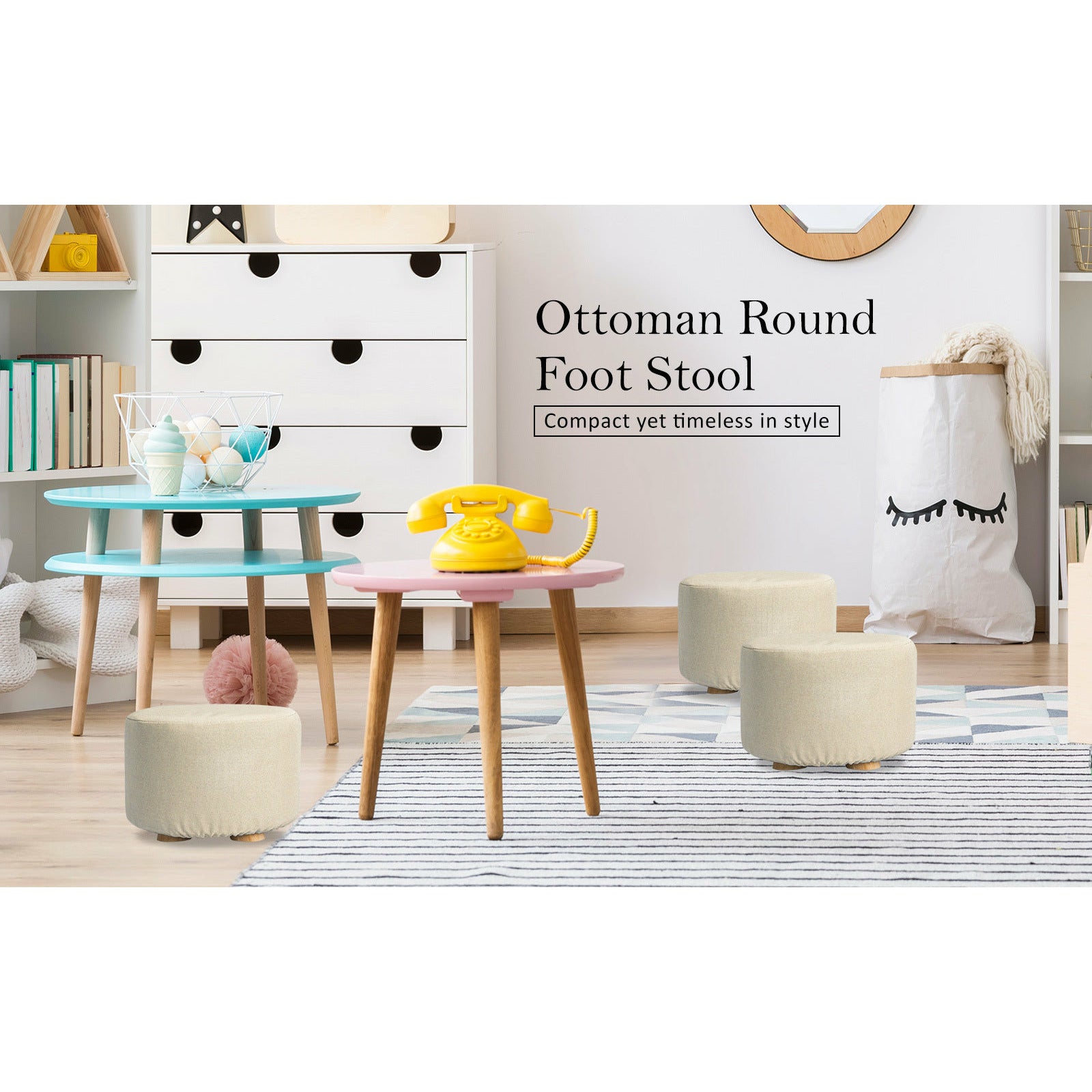 La Bella 2 Set Beige Fabric Ottoman Round Wooden Leg Foot Stool