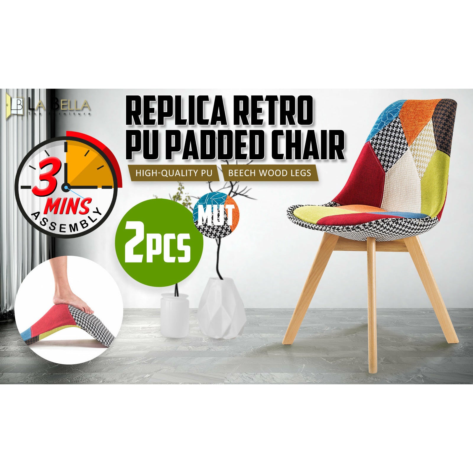 La Bella 2 Set Multi Colour Retro Dining Cafe Chair Padded Seat
