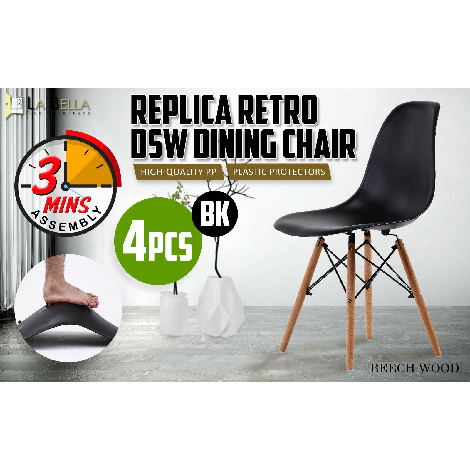La Bella 4 Set Black Retro Dining Cafe Chair DSW PP
