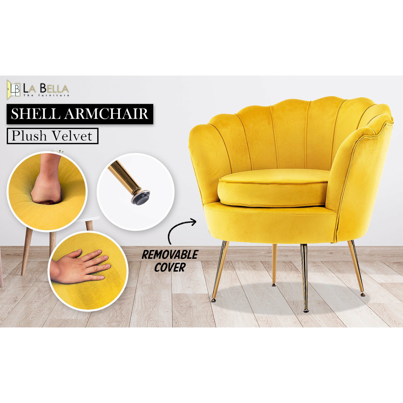La Bella Shell Scallop Yellow Armchair Lounge Chair Accent Velvet