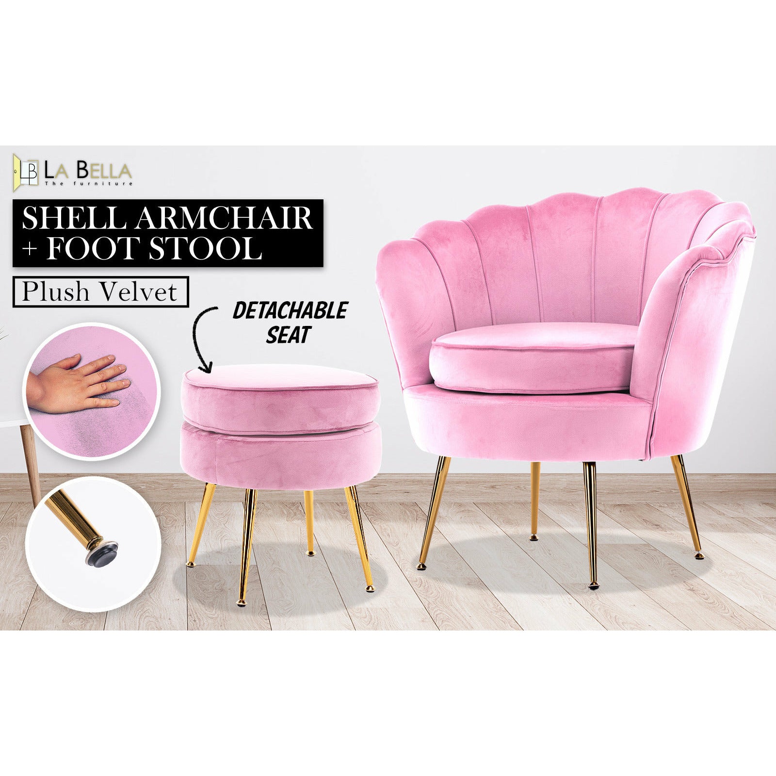 La Bella Shell Scallop Pink Armchair Accent Chair Velvet + Round Ottoman Footstool