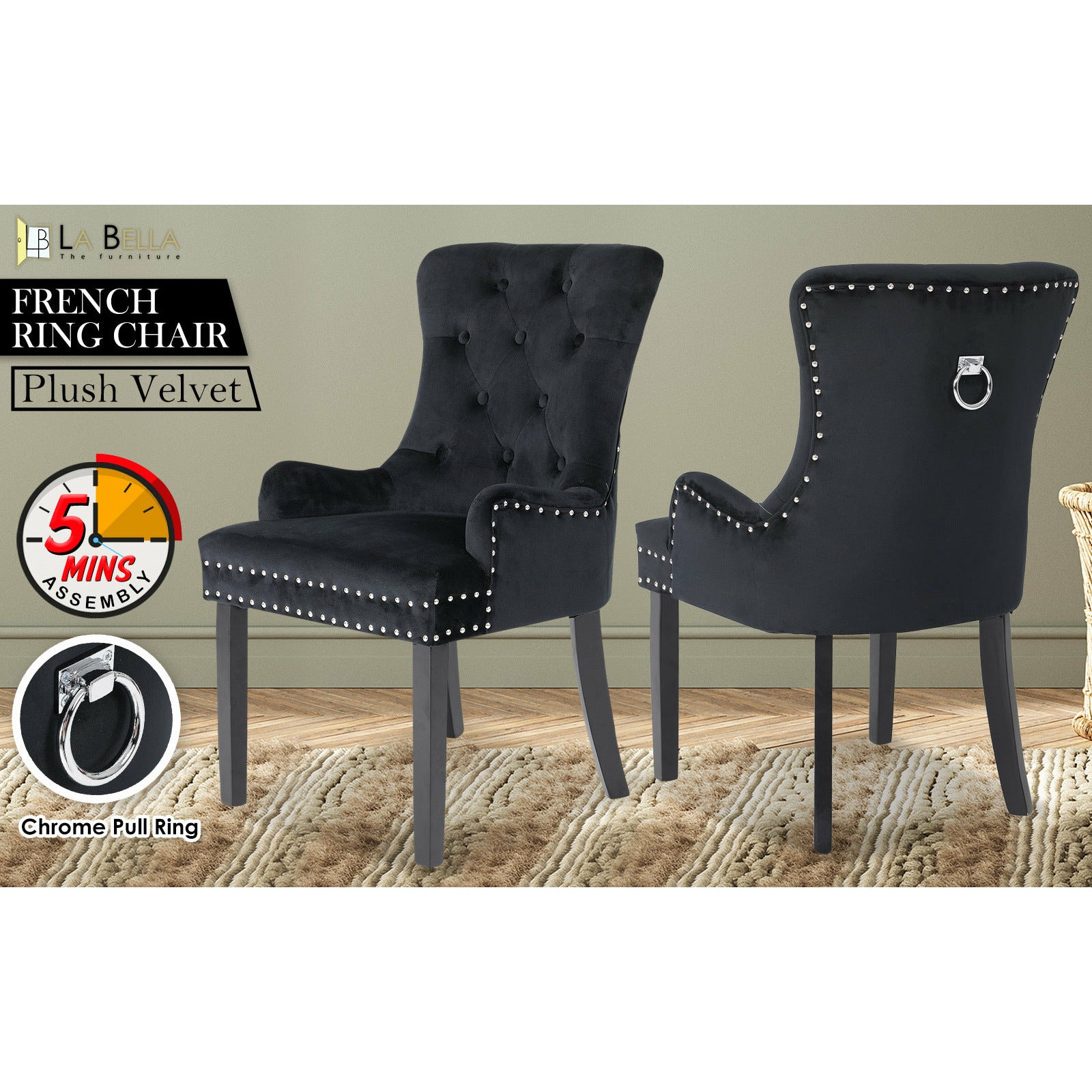 La Bella Black French Provincial Dining Chair Ring Studded Lisse Velvet Rubberwood