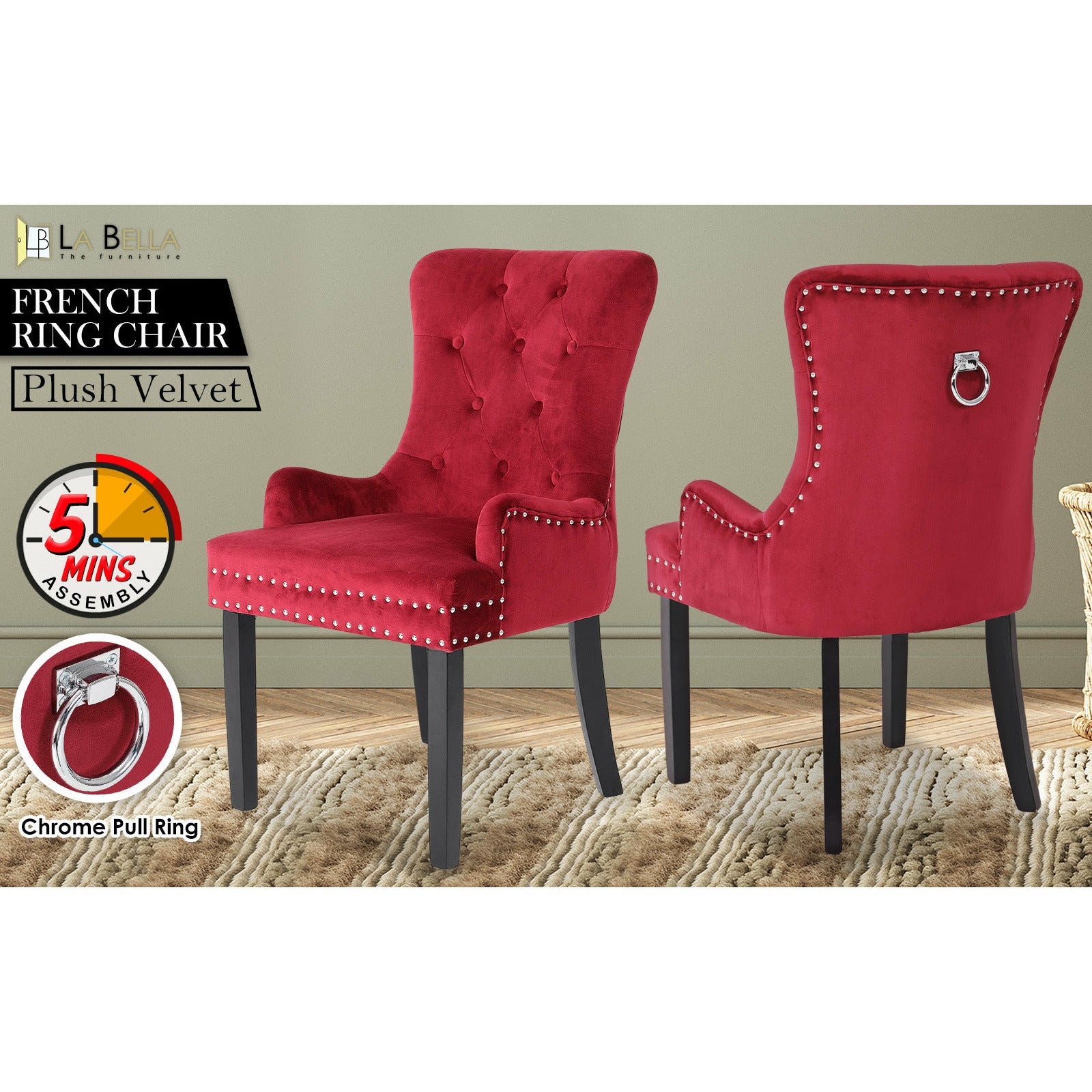 La Bella Red French Provincial Dining Chair Ring Studded Lisse Velvet Rubberwood