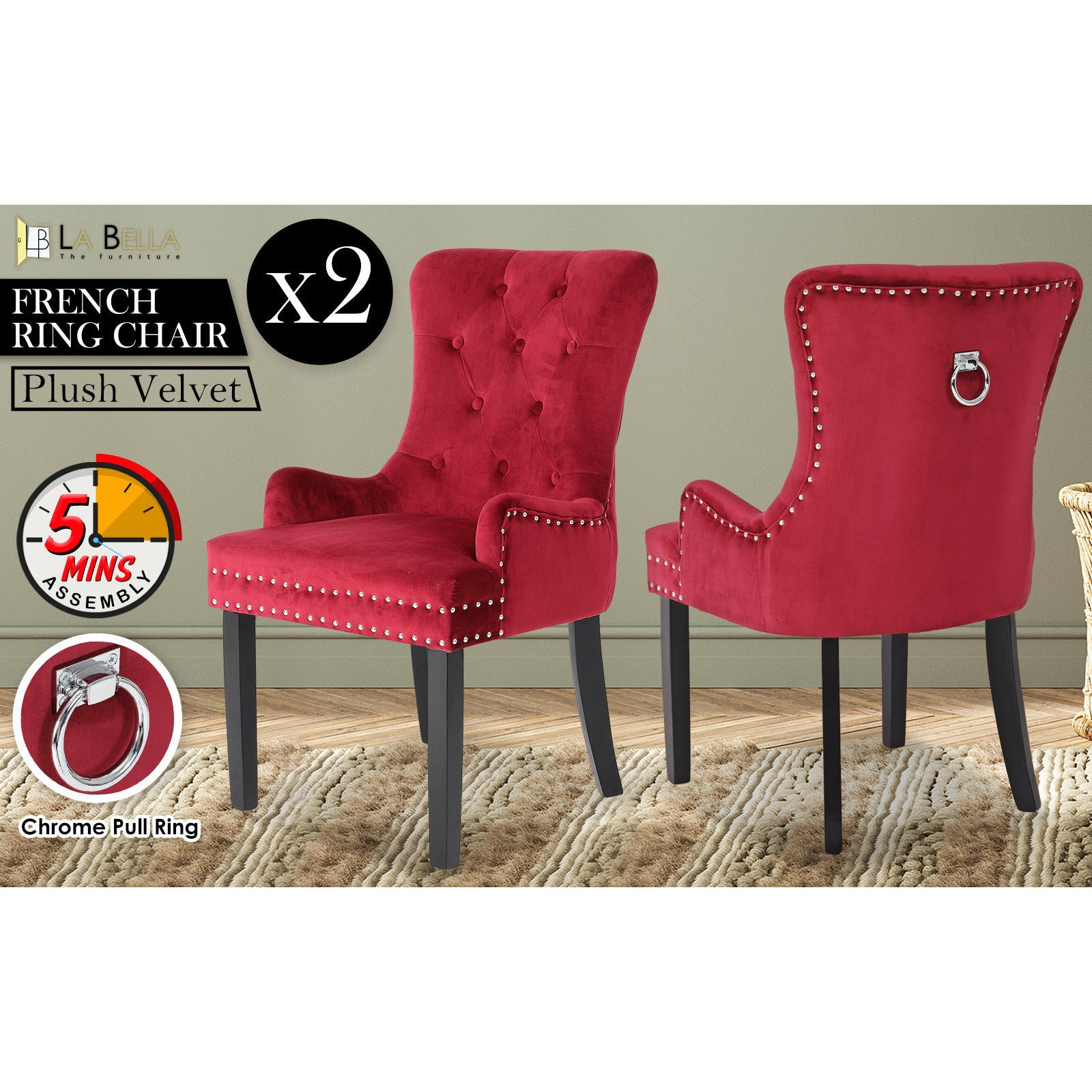 La Bella 2 Set Red French Provincial Dining Chair Ring Studded Lisse Velvet Rubberwood