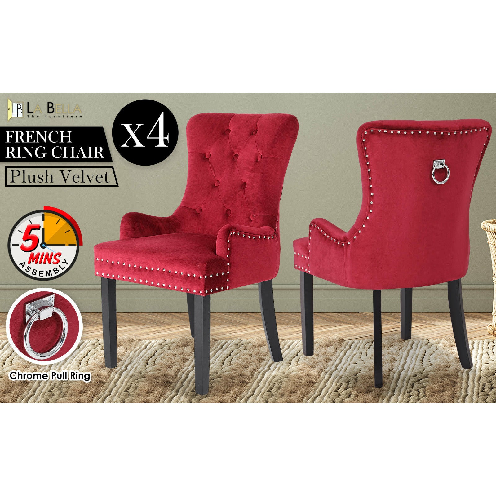 La Bella 4 Set Red French Provincial Dining Chair Ring Studded Lisse Velvet Rubberwood