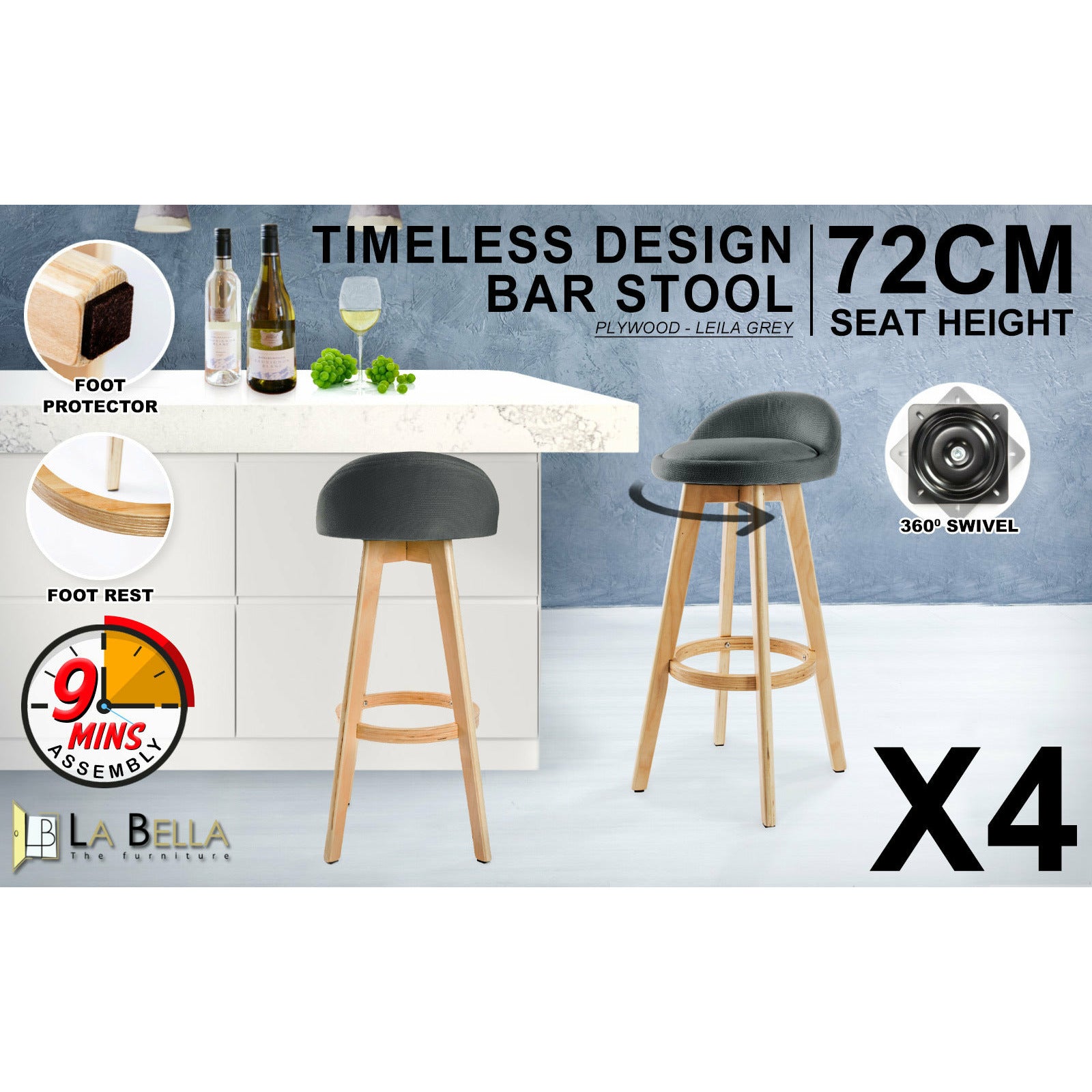 La Bella 4 Set 72cm Grey Wooden Bar Stool Leila Fabric