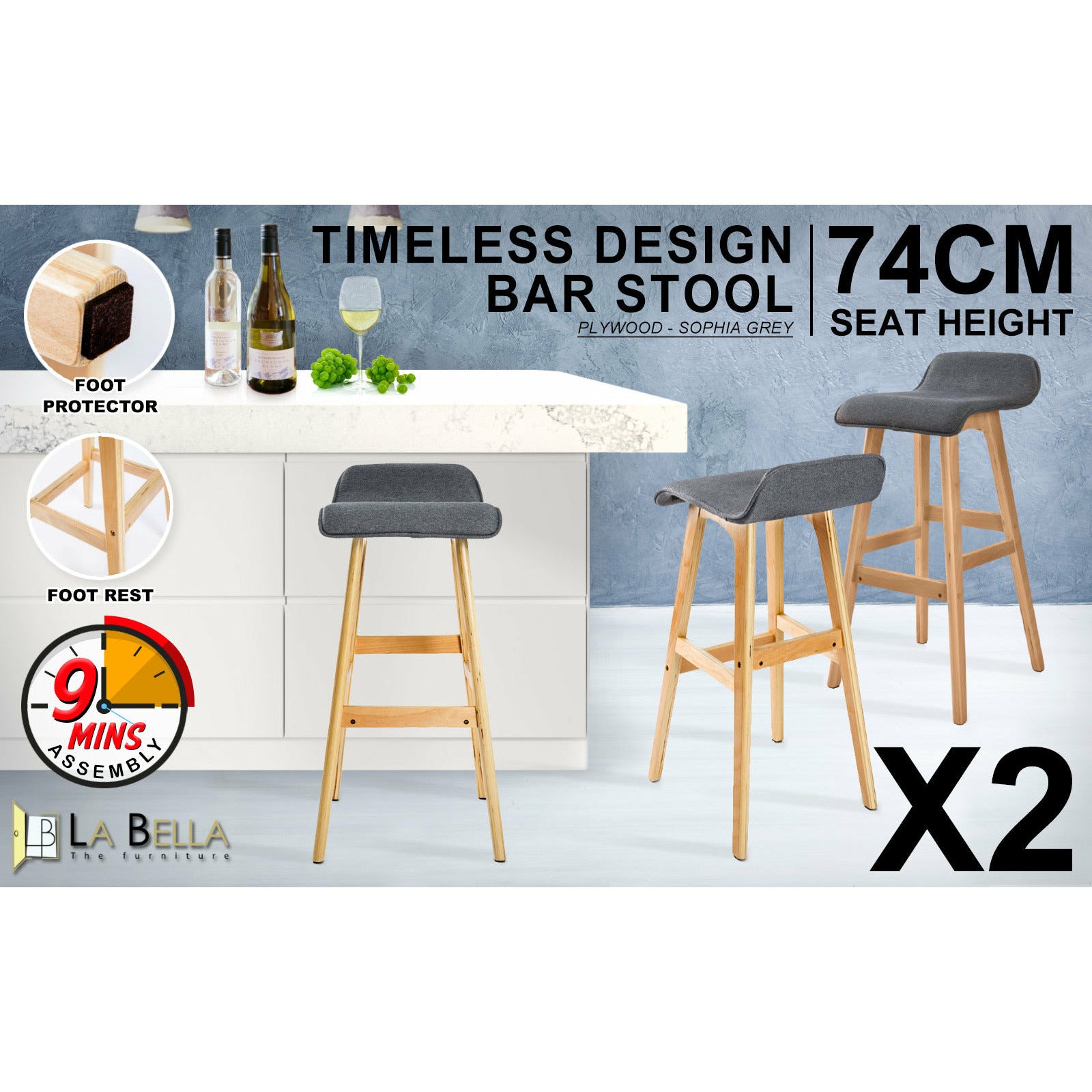 La Bella 2 Set 74cm Grey Wooden Bar Stool Sophia Fabric
