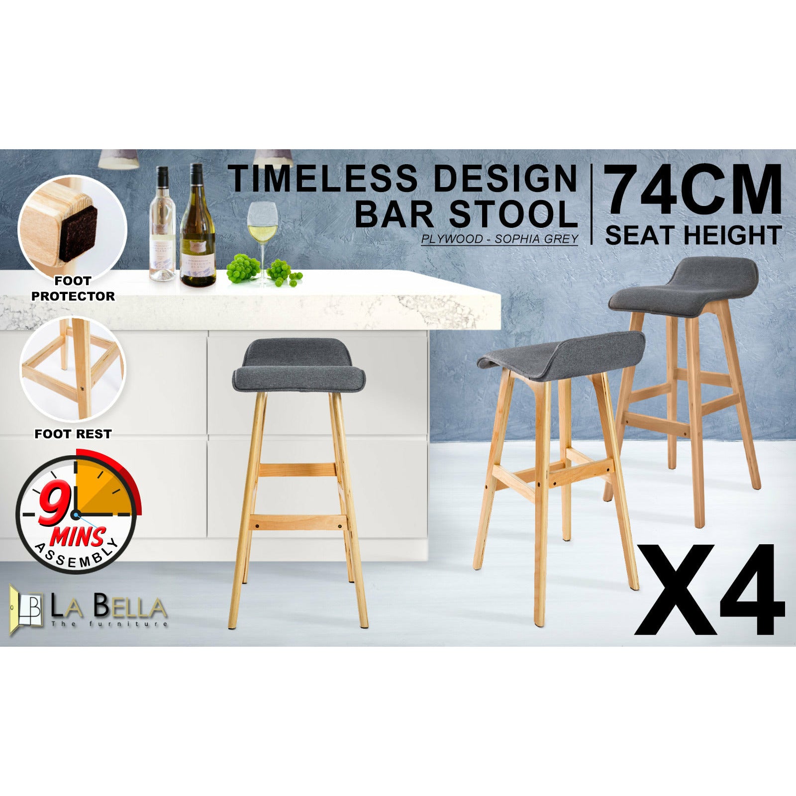 La Bella 4 Set 74cm Grey Wooden Bar Stool Sophia Fabric