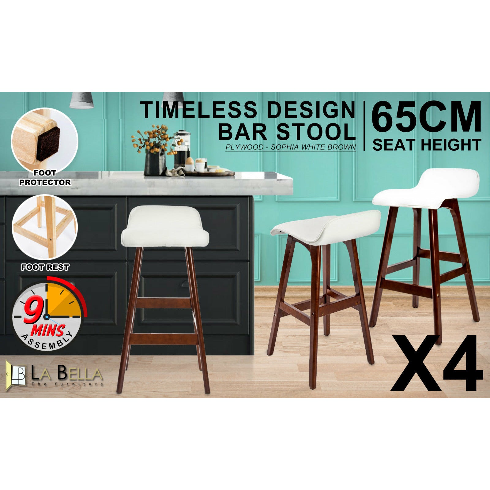 La Bella 4 Set 65cm White Brown Wooden Bar Stool Sophia Leather