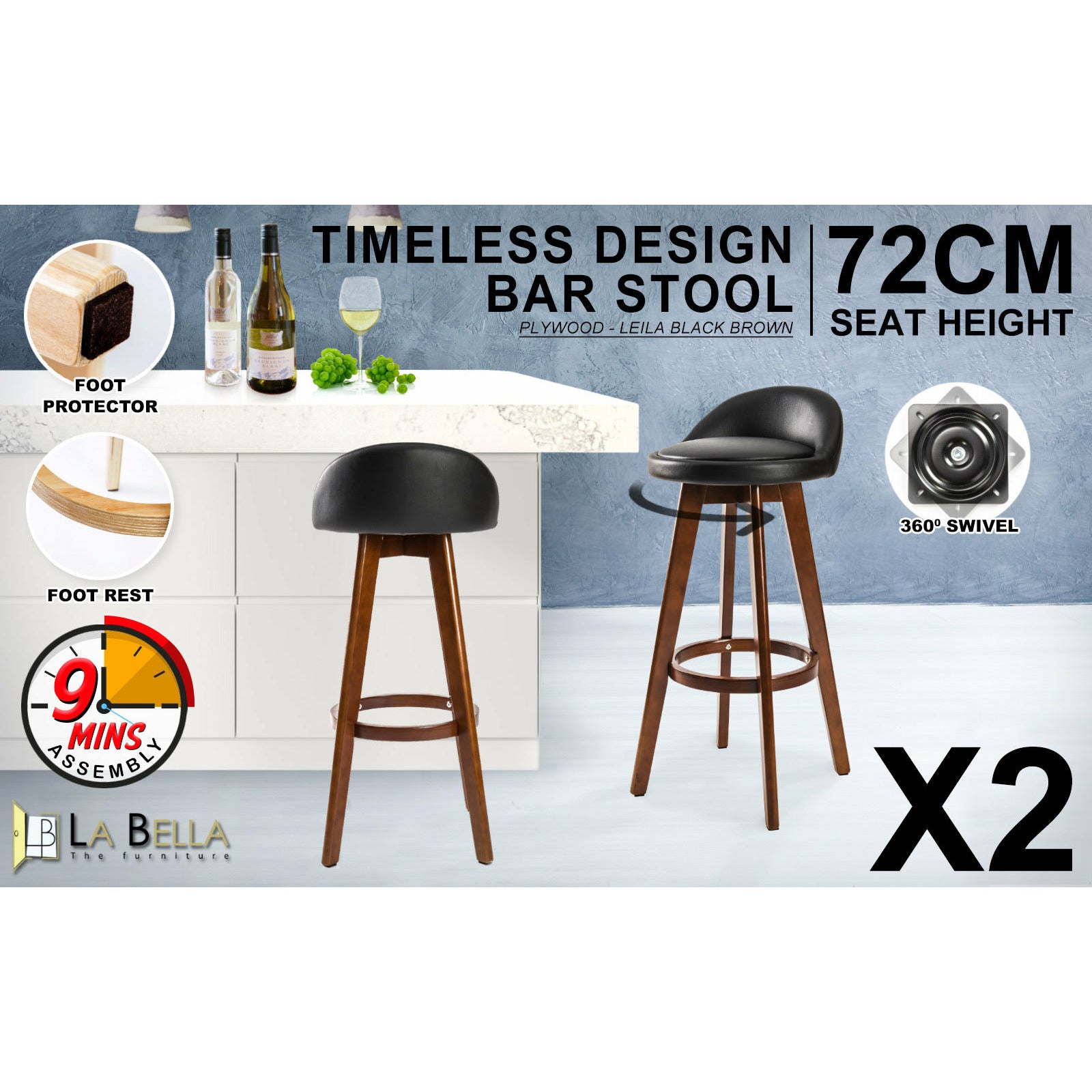 La Bella 2 Set 72cm Black Brown Wooden Bar Stool Leila Leather