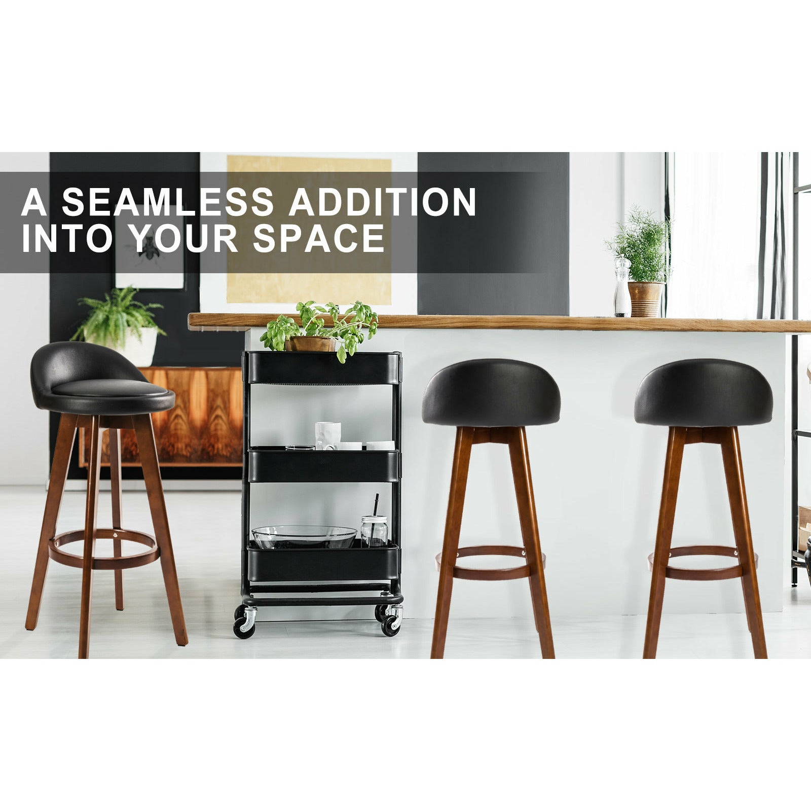 La Bella 2 Set 72cm Black Brown Wooden Bar Stool Leila Leather