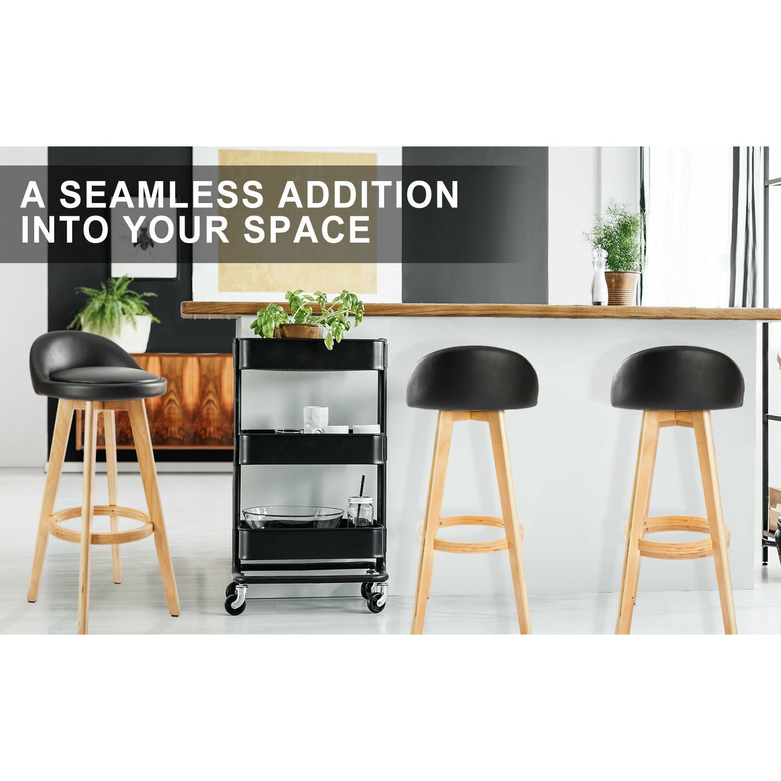 La Bella 2 Set 72cm Black Wooden Bar Stool Leila Leather