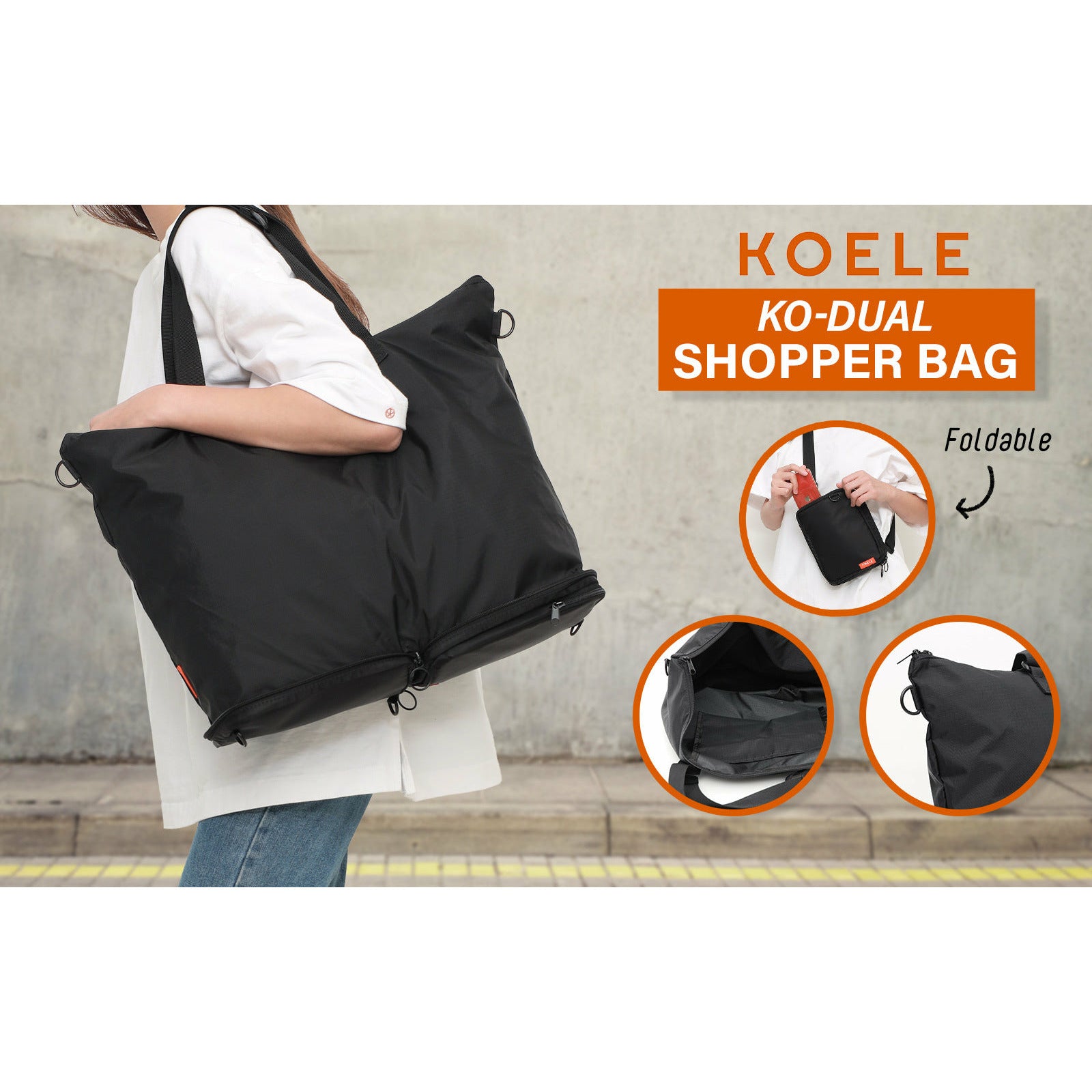 KOELE Black Shopper Bag Tote Bag Foldable Travel Laptop Grocery KO-DUAL