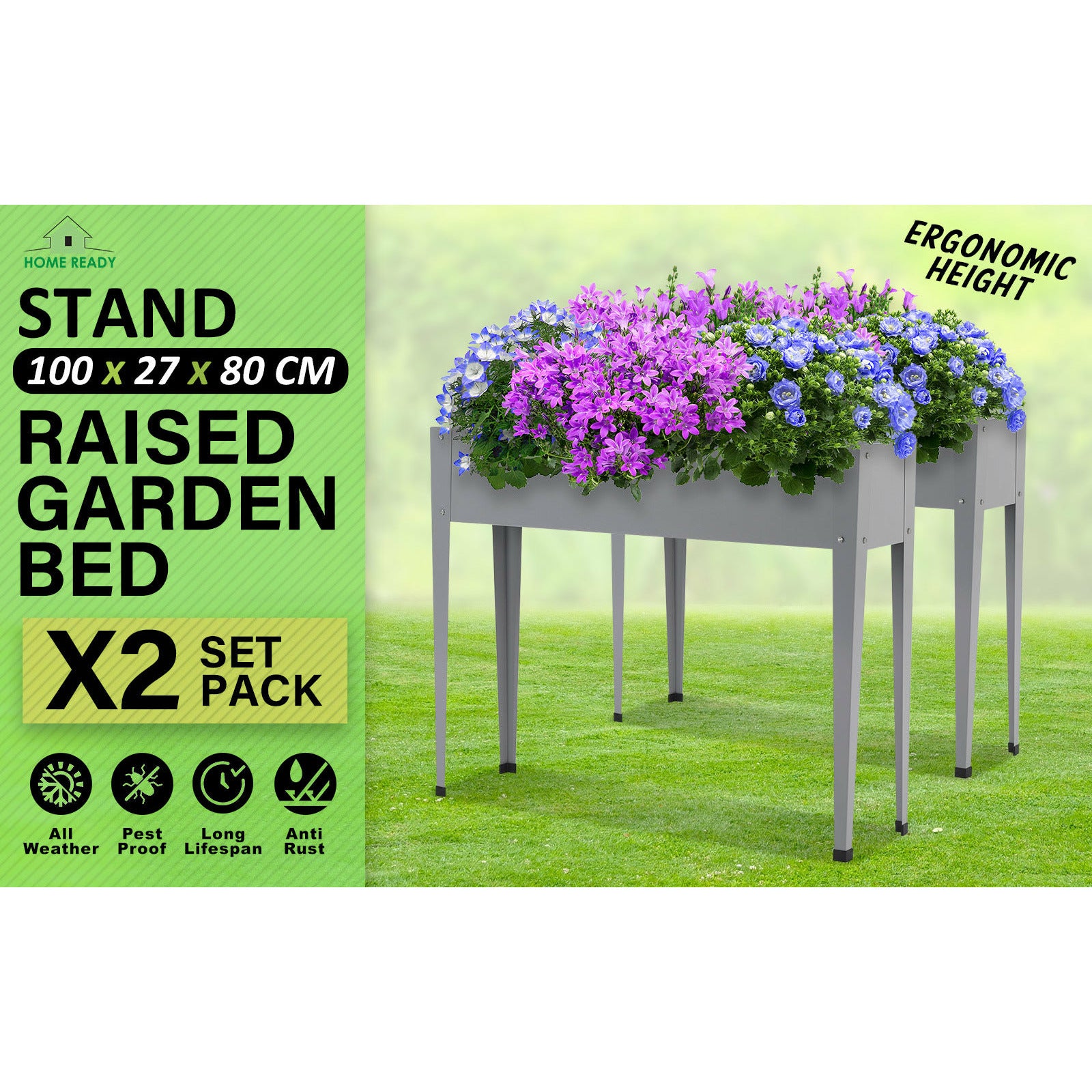 Home Ready 2 Set 100x27x80cm Grey Raised Garden Bed Stand Galvanised Steel Planter