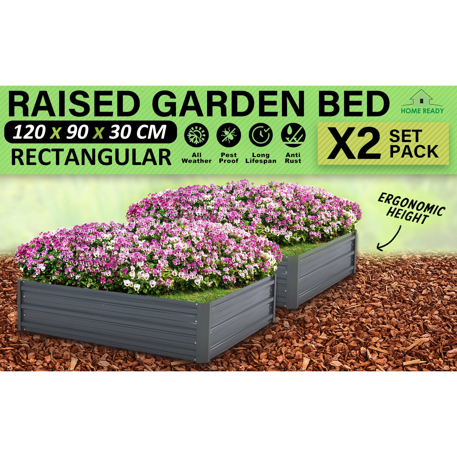 Home Ready 2 Set 120 x 90 x 30cm Grey Raised Garden Bed Galvanised Steel Planter