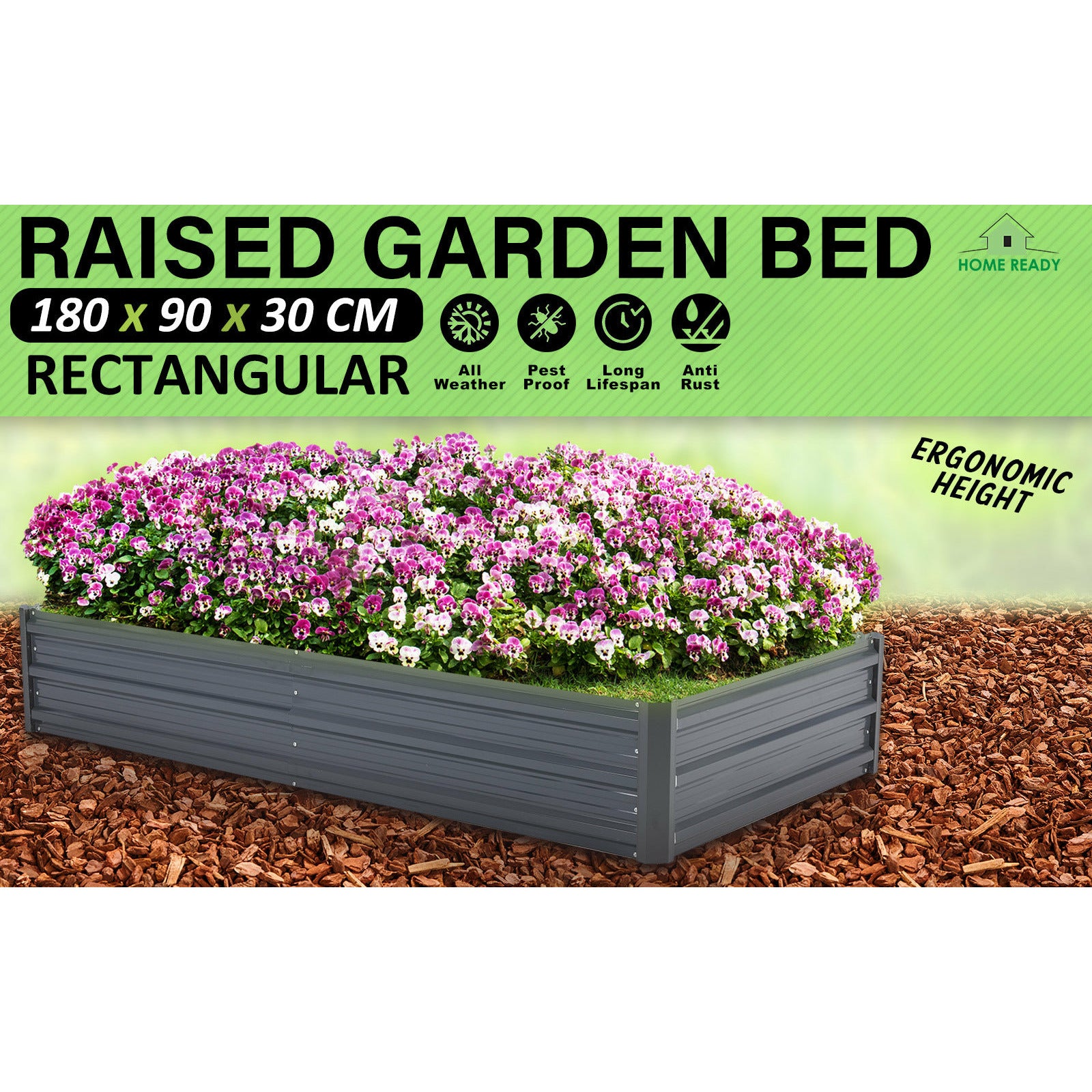 Home Ready 180 x 90 x 30cm Grey Raised Garden Bed Galvanised Steel Planter