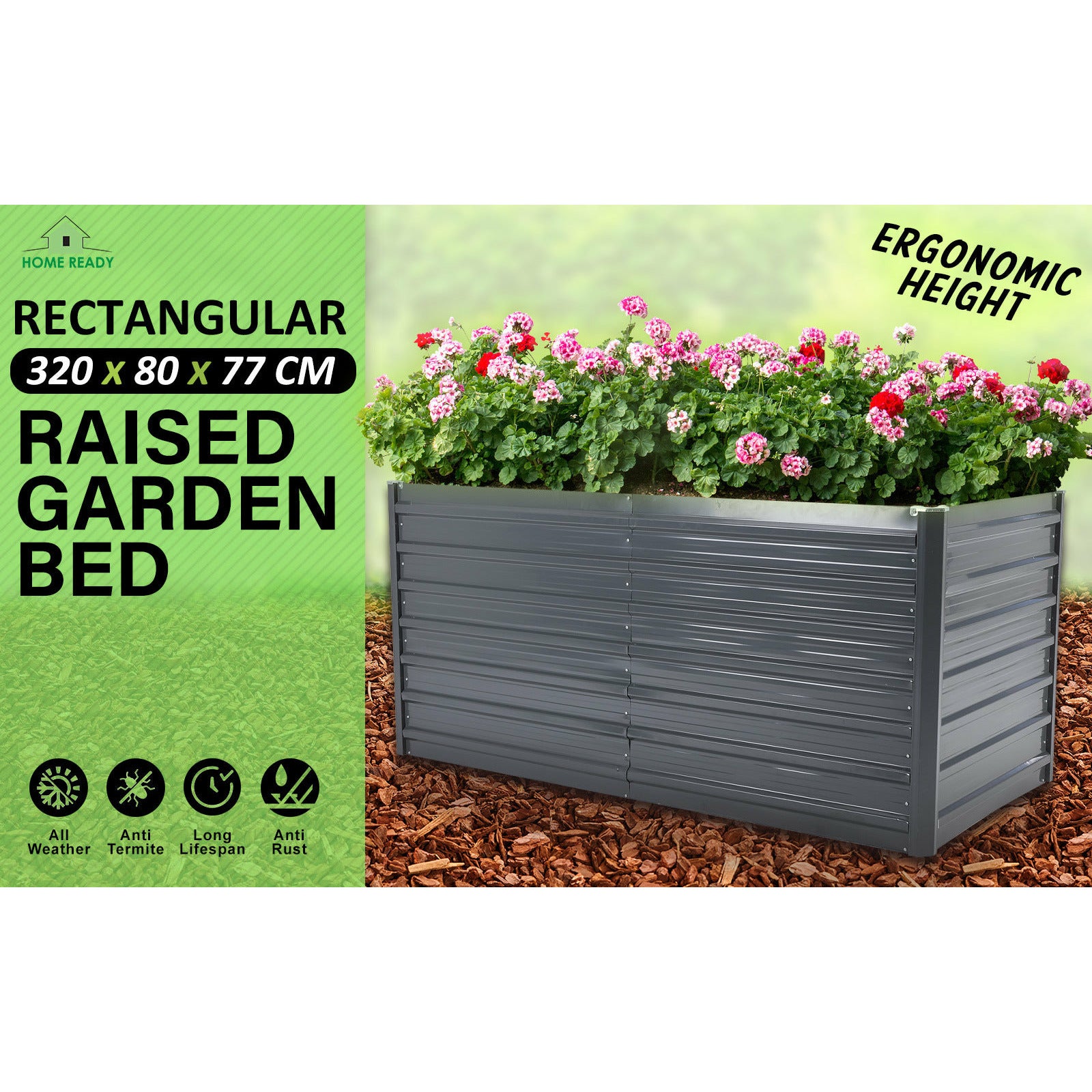 Home Ready 320 x 80 x 77cm Grey 2-in-1 Raised Garden Bed Galvanised Steel Planter