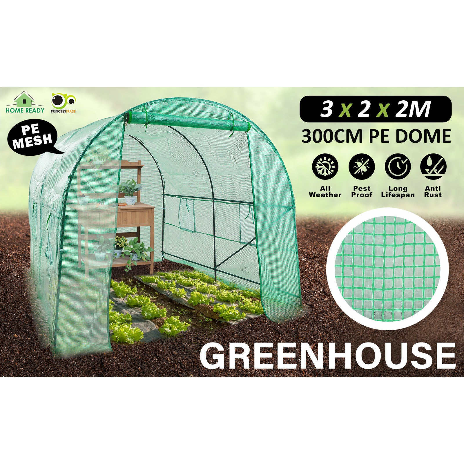 Home Ready Dome Tunnel Hoop Polytunnel 3x2x2M Greenhouse Walk-In Shed PE